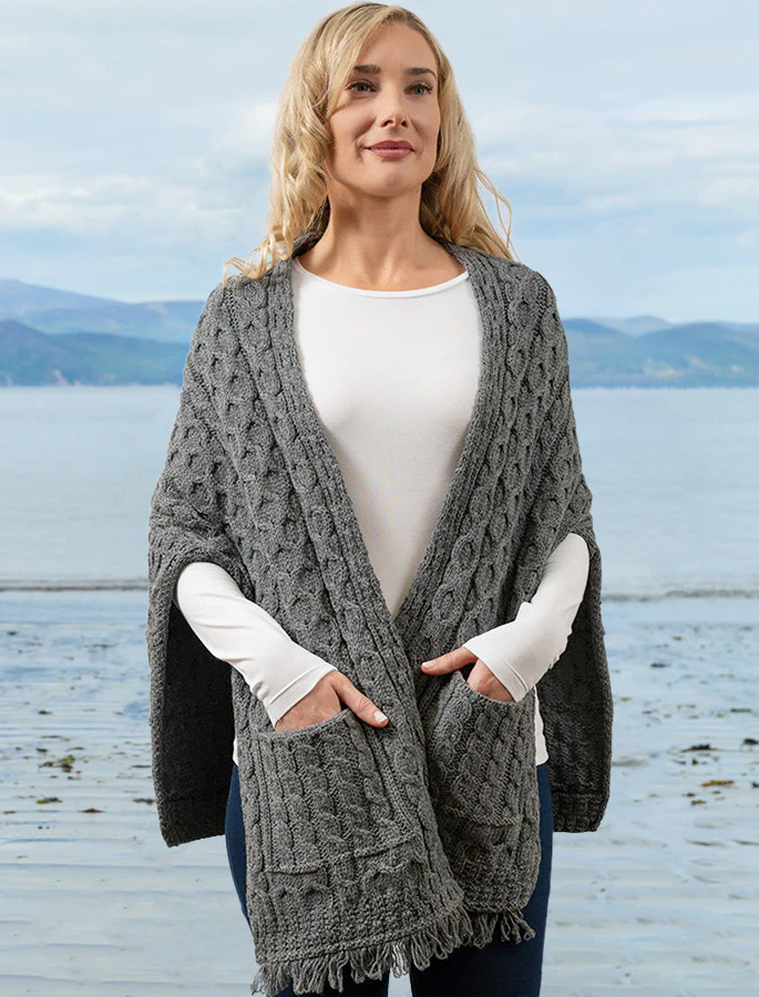 Aran Shawl Wrap with Pockets - Image 10