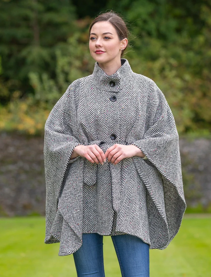 Belted Tweed Black & White Herringbone Cape - Image 4