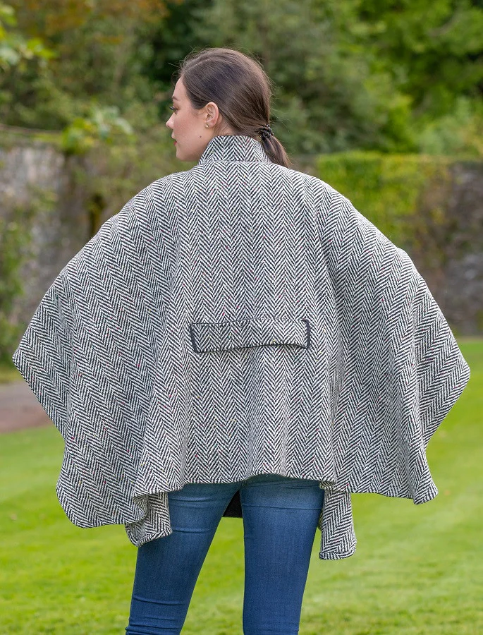 Belted Tweed Black & White Herringbone Cape - Image 5