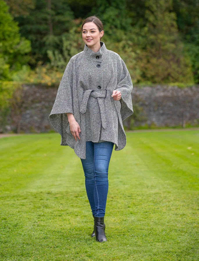 Belted Tweed Black & White Herringbone Cape - Image 6