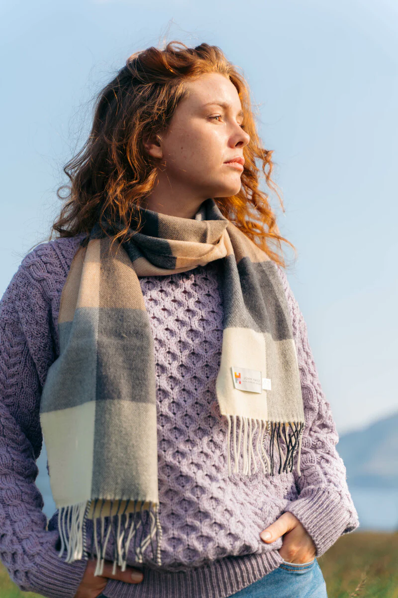 Fine Merino Check Scarf - Cream Grey Beige - Image 3