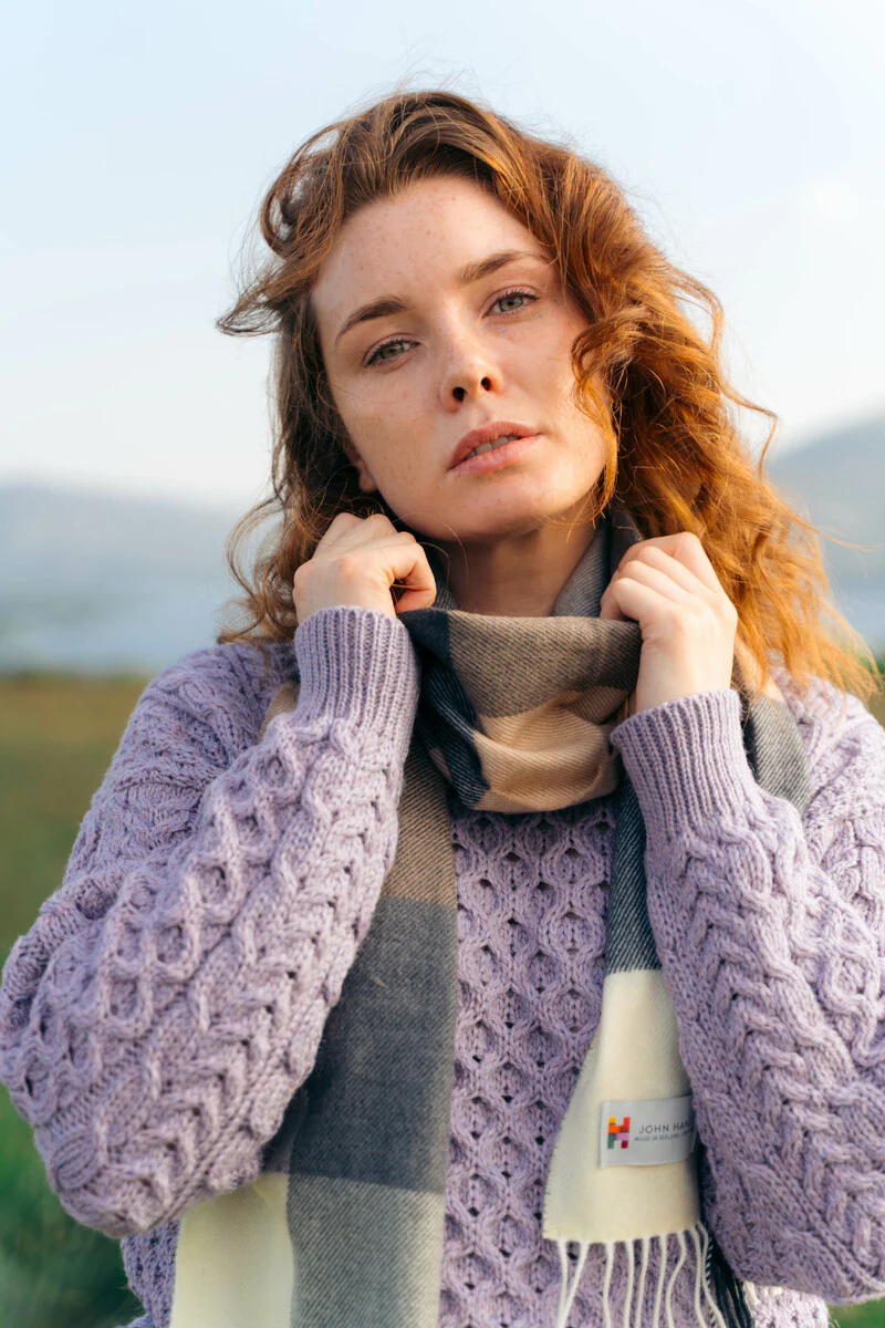 Fine Merino Check Scarf - Cream Grey Beige - Image 4