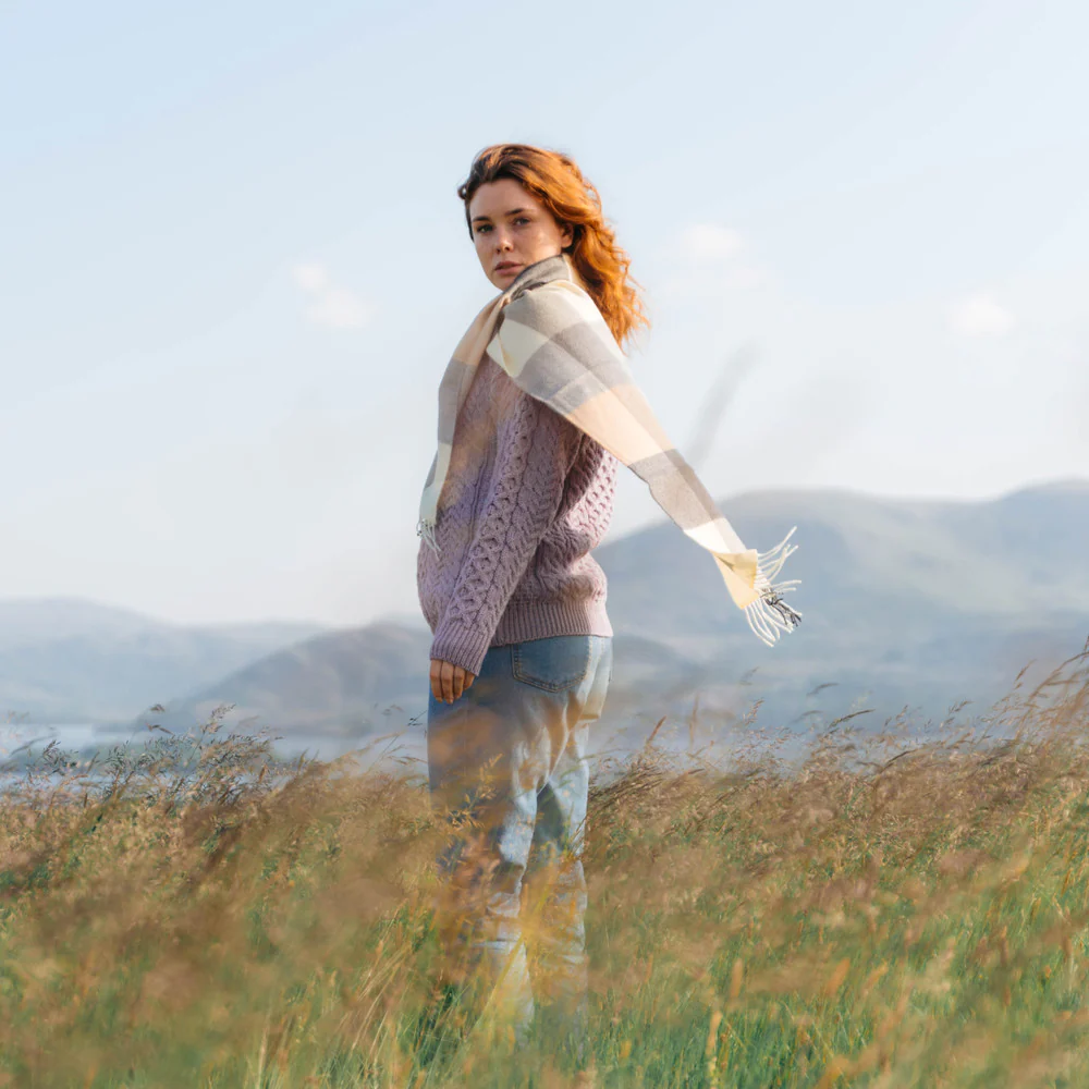 Fine Merino Check Scarf - Cream Grey Beige - Image 6