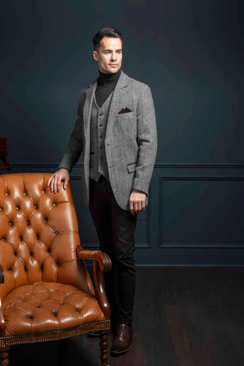 Grey Hunting Tweed Jacket with Moleskin Trim - Image 3