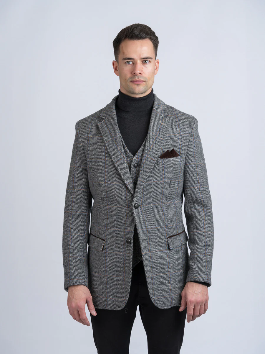 Grey Hunting Tweed Jacket with Moleskin Trim - Image 4