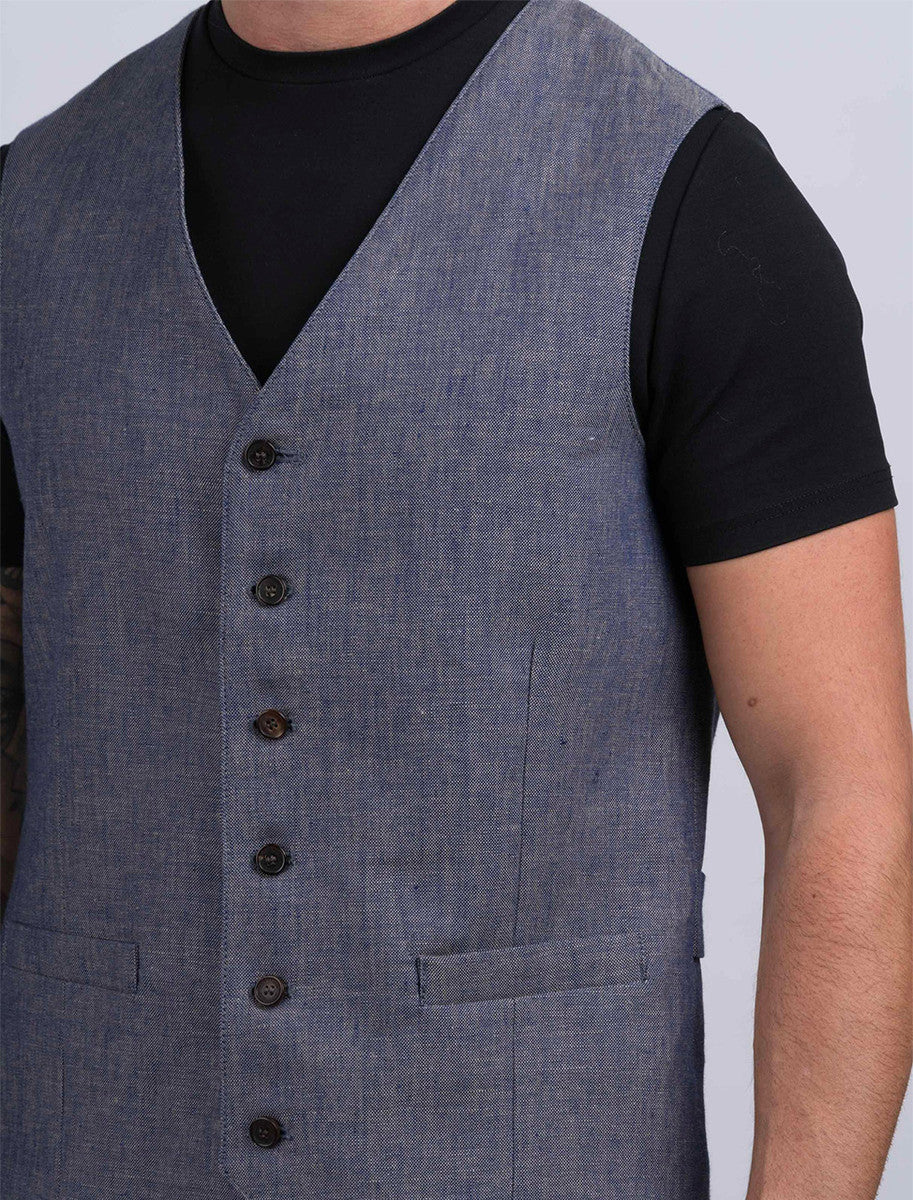 Irish Denim Blue Linen Waistcoat - Image 4
