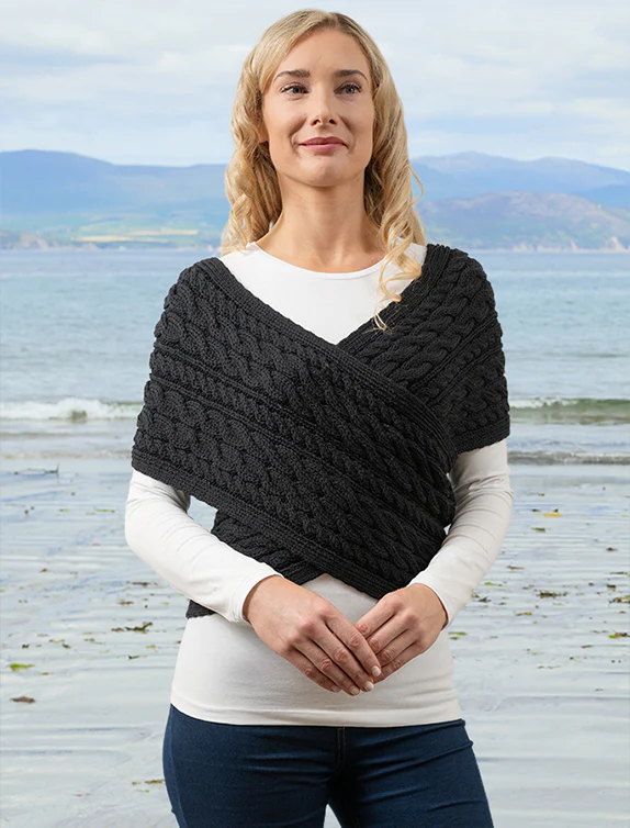 Merino Aran Cable Crossover Wrap with Buttons - Image 13