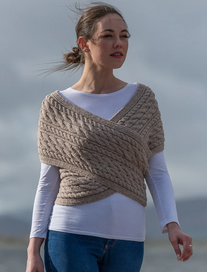 Merino Aran Cable Crossover Wrap with Buttons - Image 15
