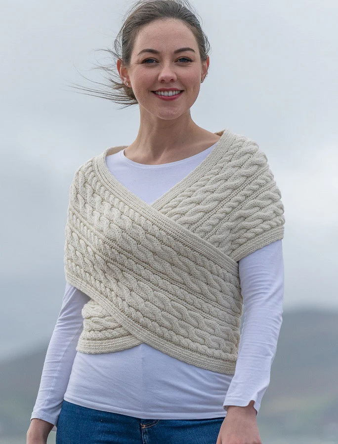 Merino Aran Cable Crossover Wrap with Buttons - Image 16