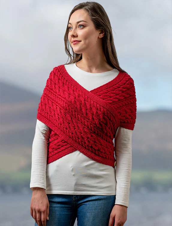 Merino Aran Cable Crossover Wrap with Buttons - Image 18