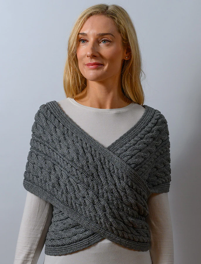 Merino Aran Cable Crossover Wrap with Buttons - Image 25