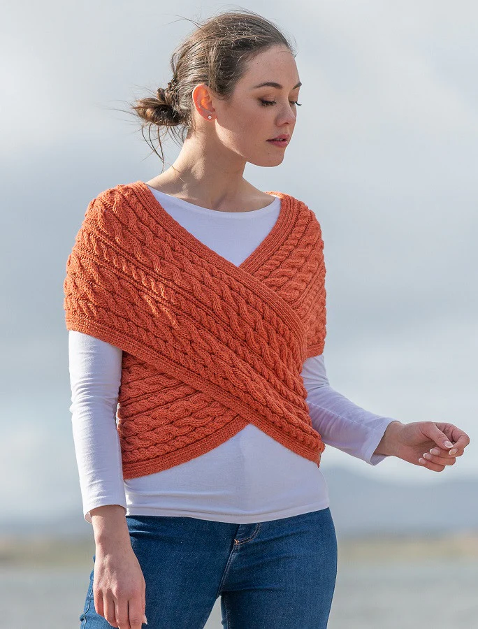 Merino Aran Cable Crossover Wrap with Buttons - Image 3