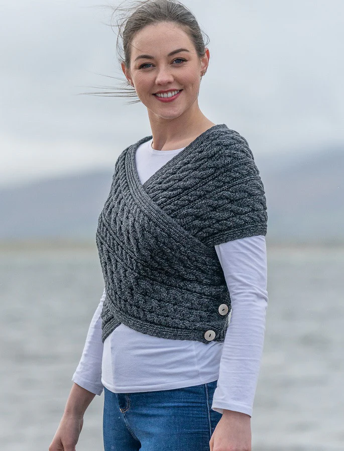 Merino Aran Cable Crossover Wrap with Buttons - Image 5