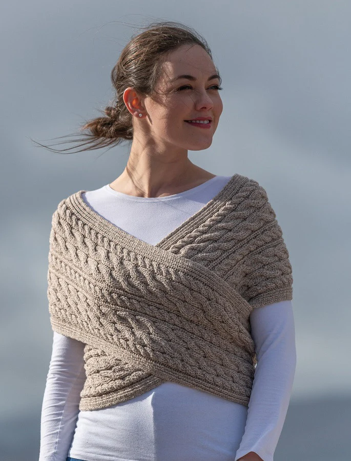 Merino Aran Cable Crossover Wrap with Buttons - Image 7
