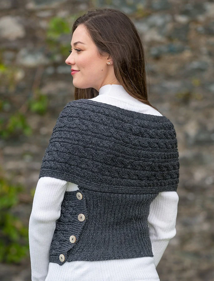 Merino Aran Cable Crossover Wrap with Buttons - Image 8